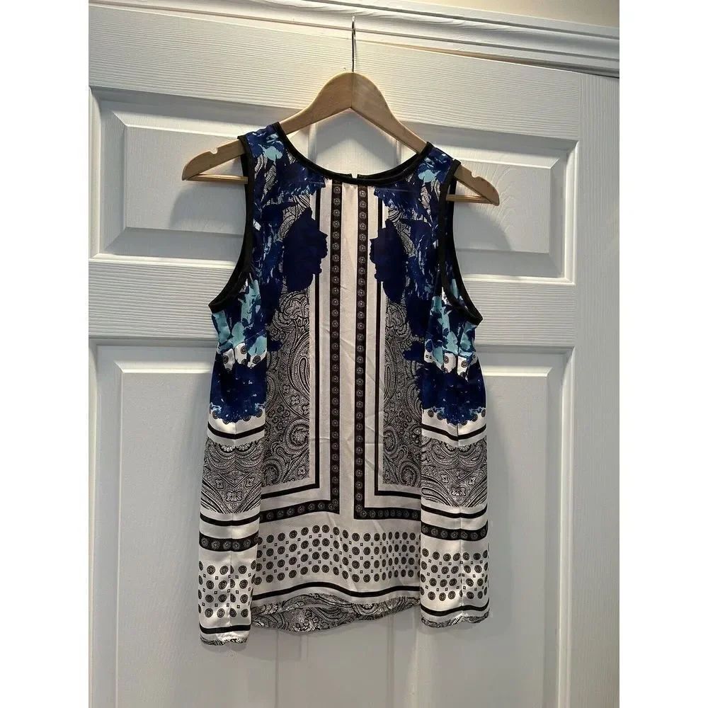 INC Women's Size 12 Black and Blue Sleeveless Blouse Top Shirt
